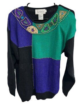 Vintage Santoria Black Purple Green Embellished 1992 Sweater Beaded Sequins Sz L